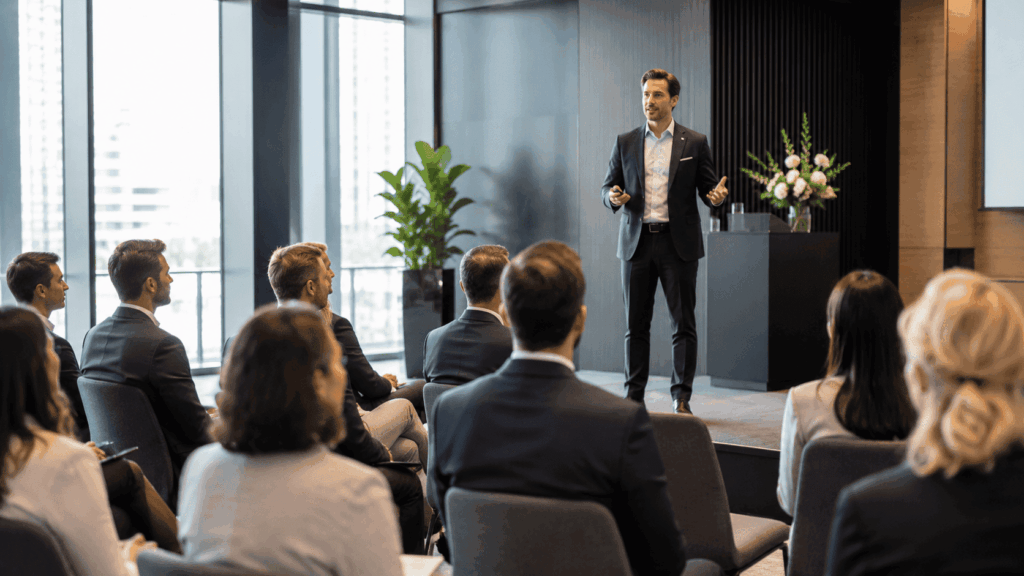 Spreker die het programma verteld op een zakelijk evenement 