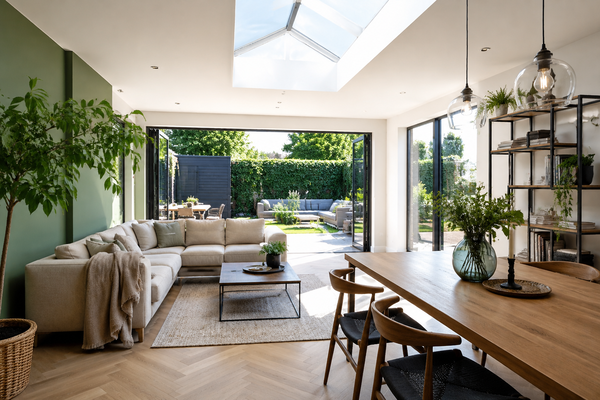 Moderne open leefruimte met veel daglicht, houten eettafel, ruime zithoek en grote glazen deuren naar een groene achtertuin