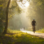 Mensen die door het bos fietsen