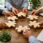 mensen op kantoor puzzelstukken in hand ketens van bedrijf