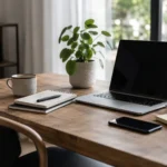 kantoor kladblok laptop telefoon pennen plant