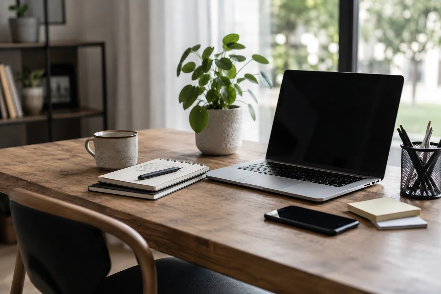 kantoor kladblok laptop telefoon pennen plant